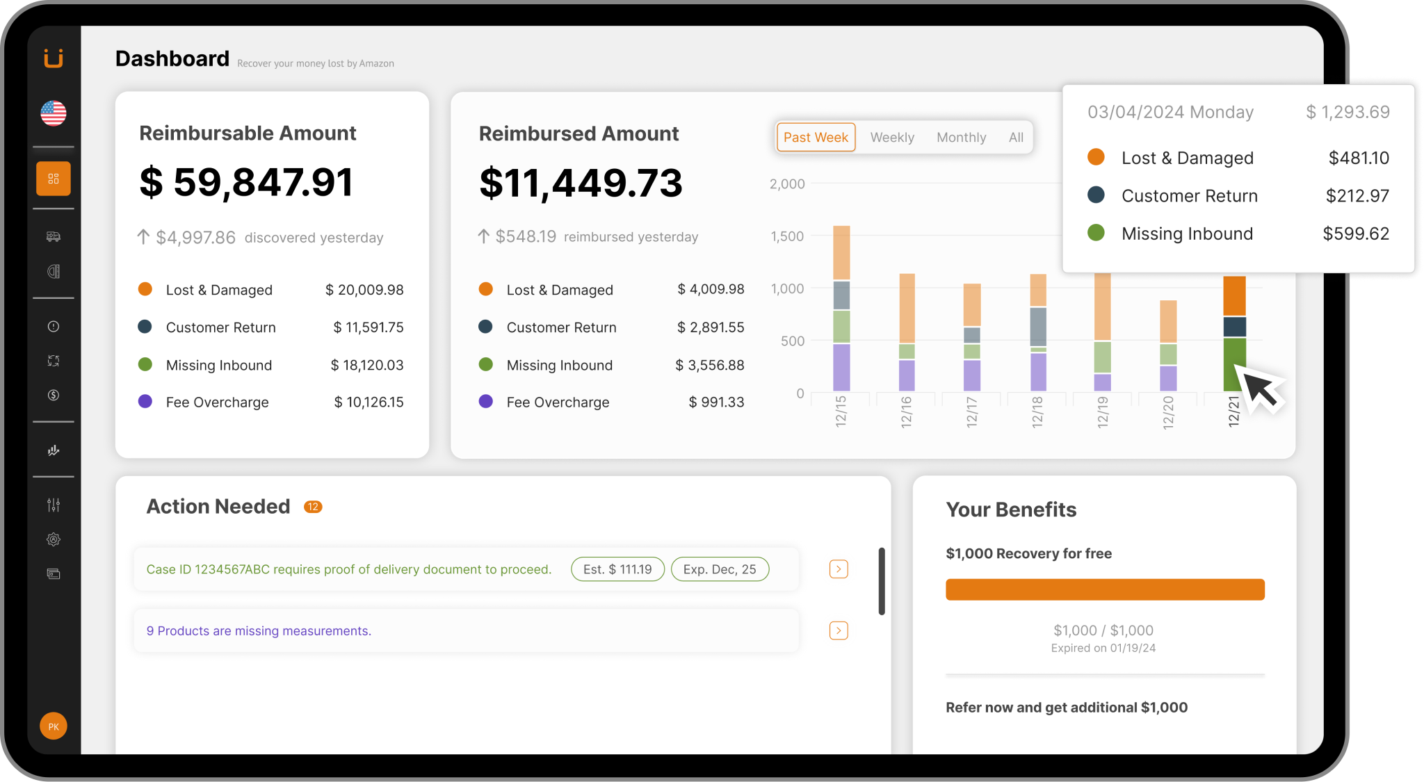 Amazon reimbursement service dashboard showing all types of fba reimbursements from amazon