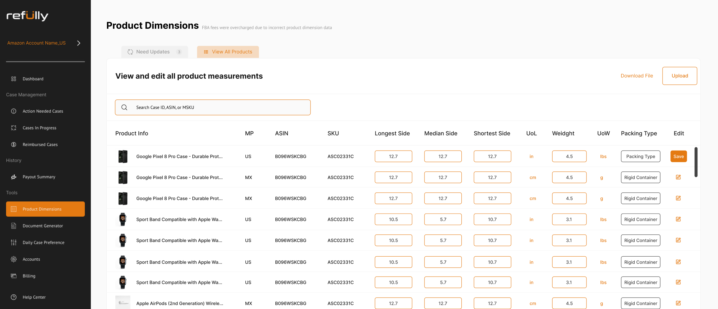 Amazon fba product dimension table for overcharged fee reimbursement