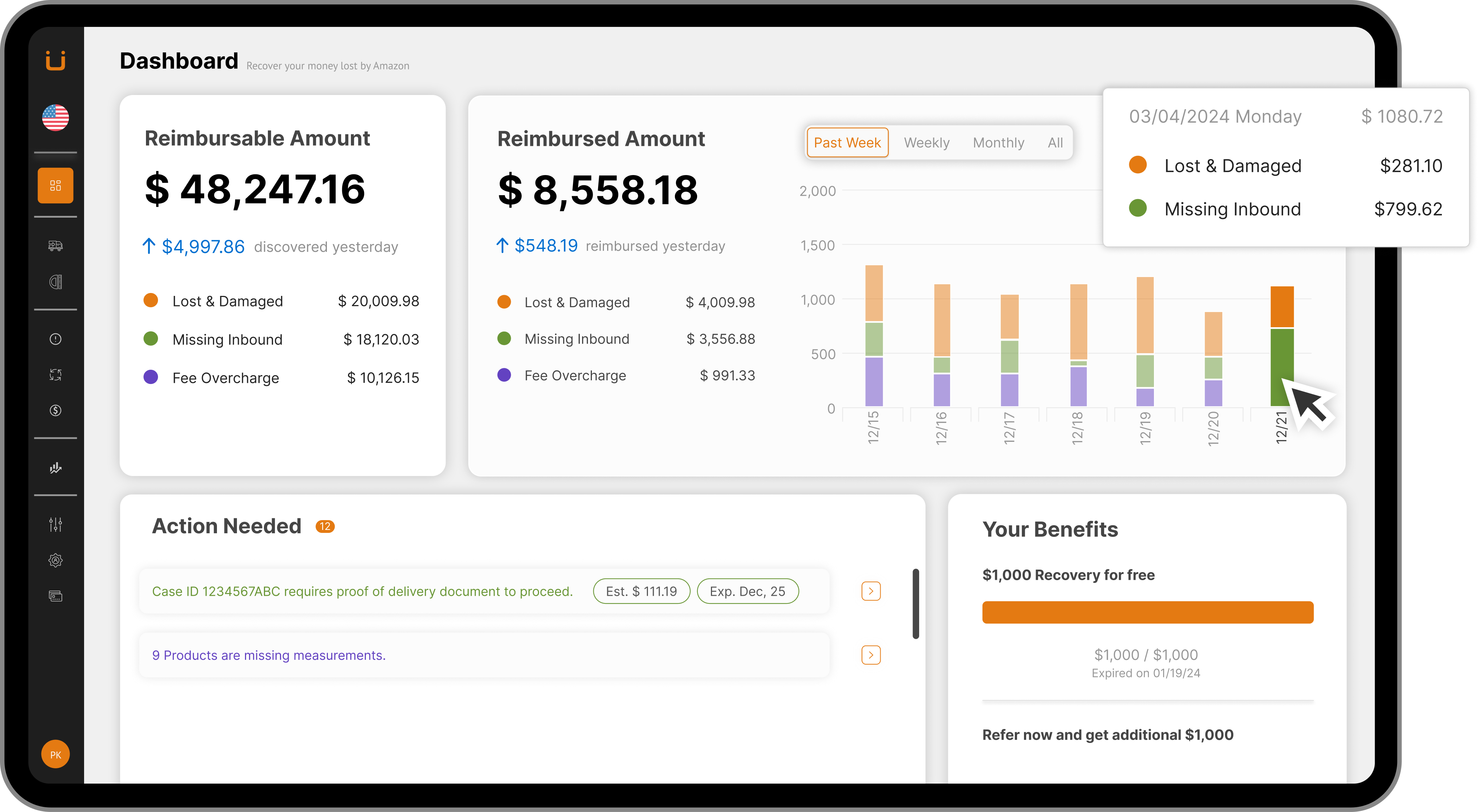 Amazon reimbursement dashboard, view recoverable amount and recovered amount at a glance